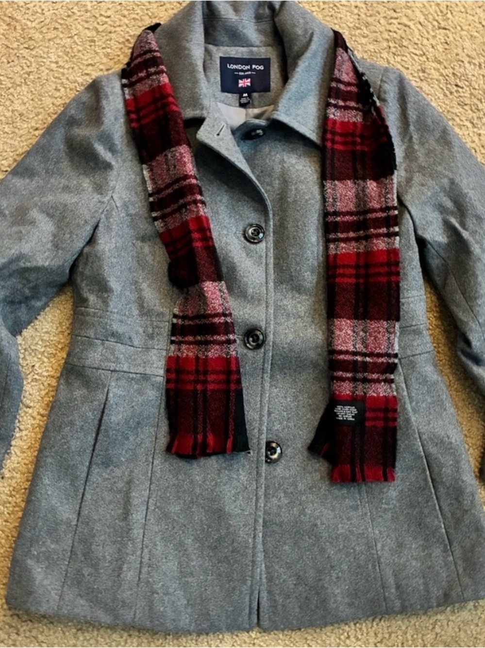 London Fog Gray Pea Coat with Red & Black Plaid Scarf